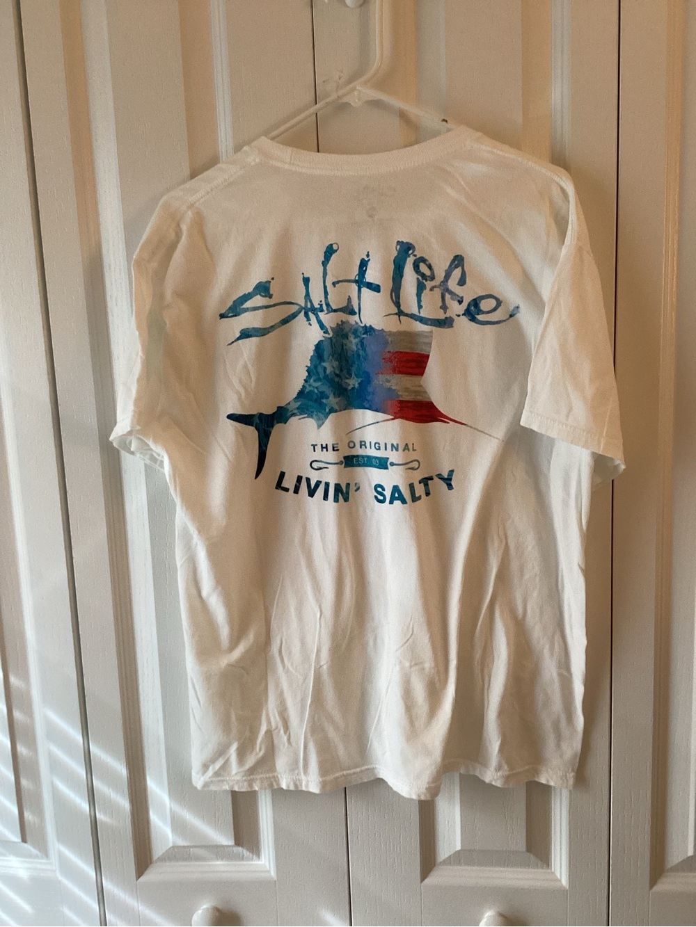 Salt Life White Tee with Blue & Red Marlin Graphic